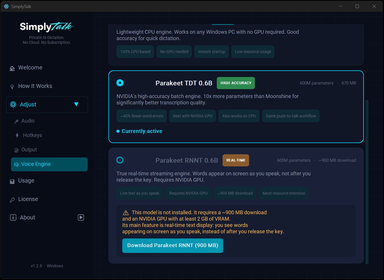 SimplyTalk AI model selection screen showing Moonshine and Parakeet options